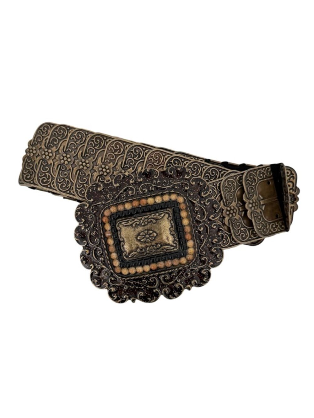 Y2K Boho Coachella Festival Statement Wide Elastic Brass Tone Belt Ornate Buckle
